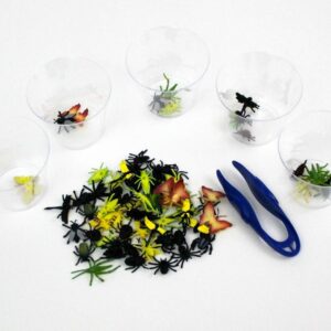 Fine motor bug sorting activity with clear cups, plastic bugs, and tweezers.