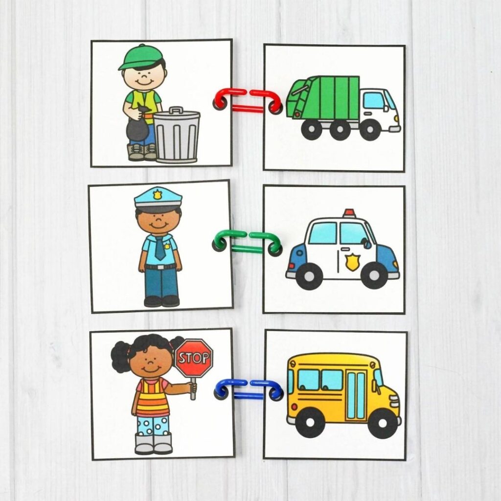 Preschool community helpers activity. Match the community helpers to their vehicles.