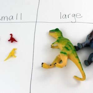Dinosaur preschool activity sorting large and small dinosaur toys