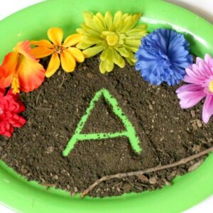 Preschool theme flowers and trees activity. Write in a tray of dirt.