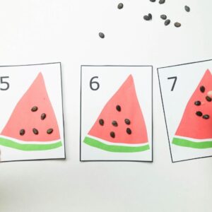 Place the correct number of seeds on the numbered watermelon cards.