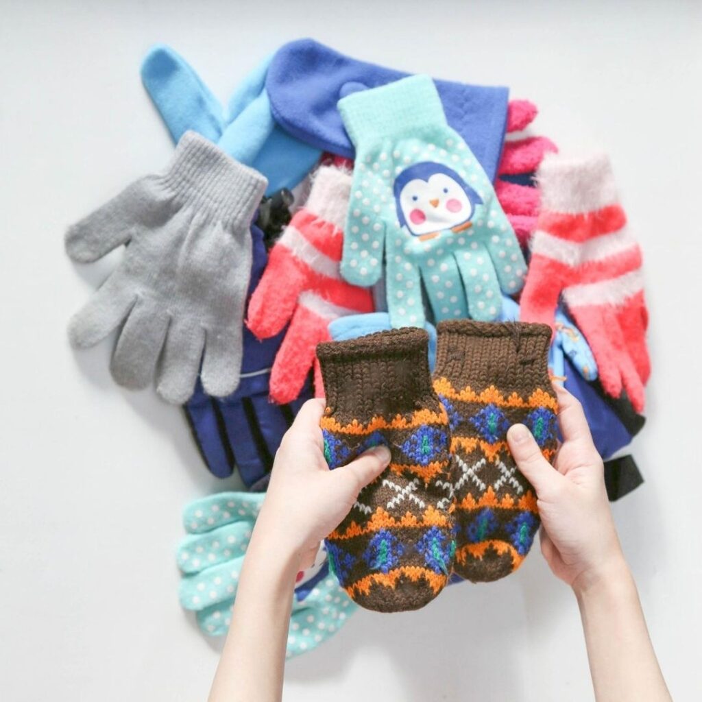 Matching pairs of winter mittens and gloves for winter preschool theme