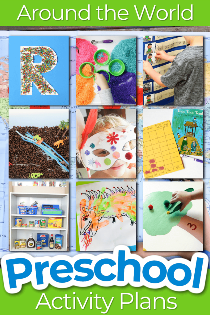 Text says: around the world preschool activity plans with 9 images showing around the world activities