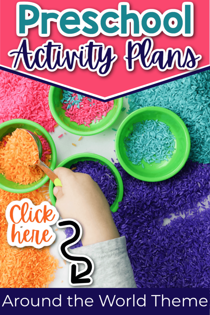 Text says: Preschool activity plans around the world theme. Image shows four colors of dyed rice withchild's hand holding a small spoon scooping orange dyed rice
