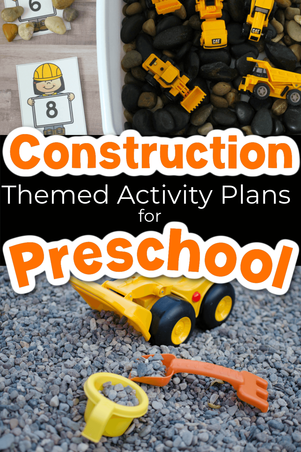 Construction themed activity plans for preschool showing two sensory bins